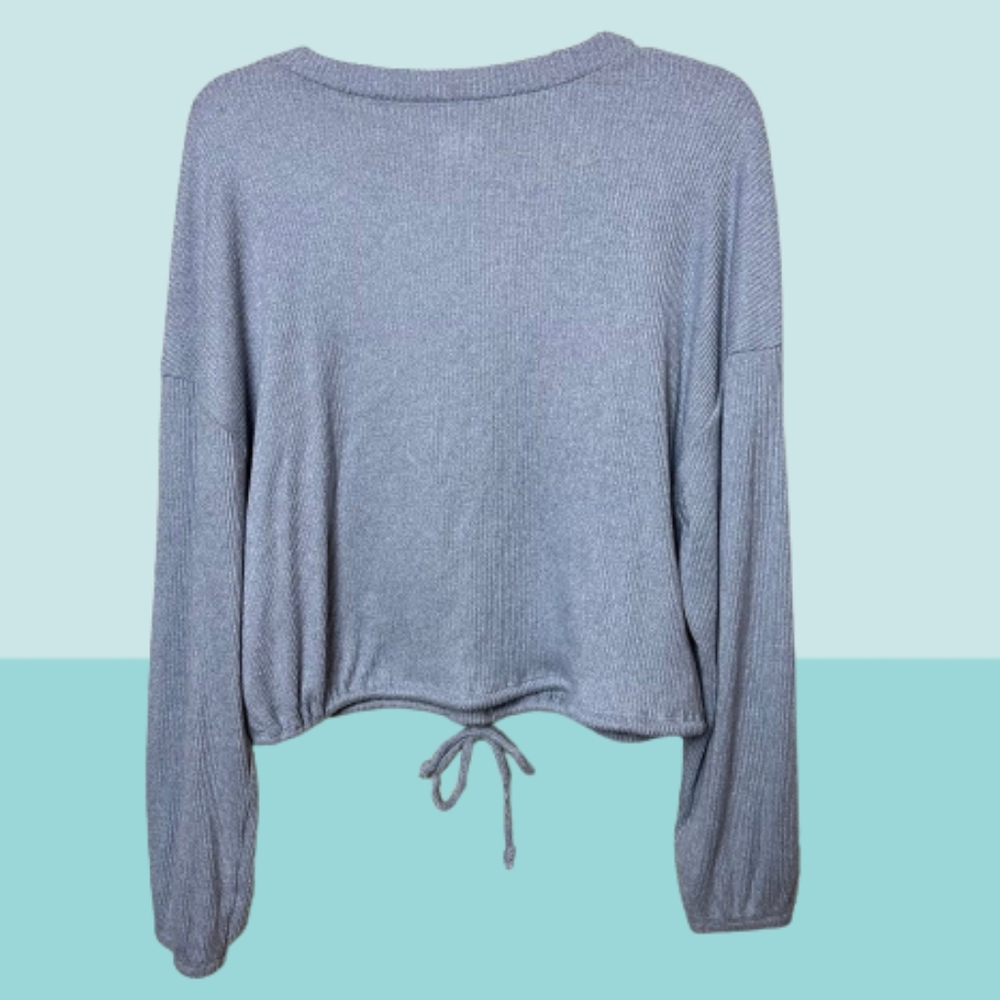 Gilly Hicks Cropped Ribbed Solid Crew Neck Drawstring Pull Over Sweater - Picture 2 of 10